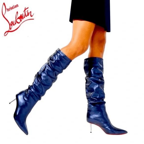 Christian Louboutin Epic Trotta 70MM Blue Metallic Leather Knee High Boots 37.5 - Picture 3 of 14